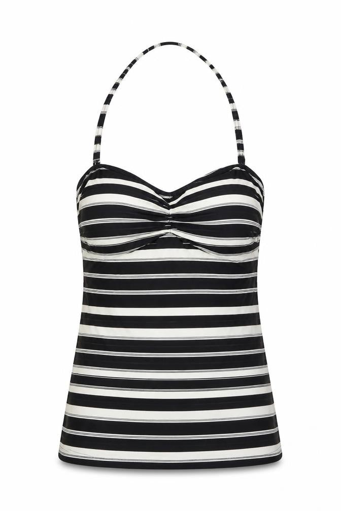 Front view of Marks & Spencer women’s black striped polyamide top, size UK 10, - padded