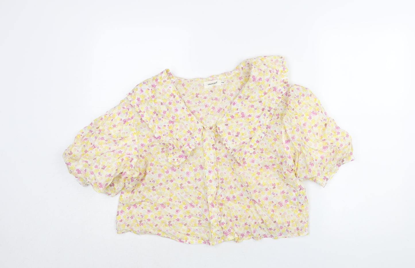 Sweewë Womens Yellow Floral Polyester Basic Blouse Size S Collared - Frill Size S-M