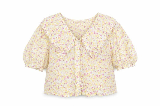 Front view of Sweewë women’s yellow floral polyester basic blouse, size S, collared - frill, size S-m
