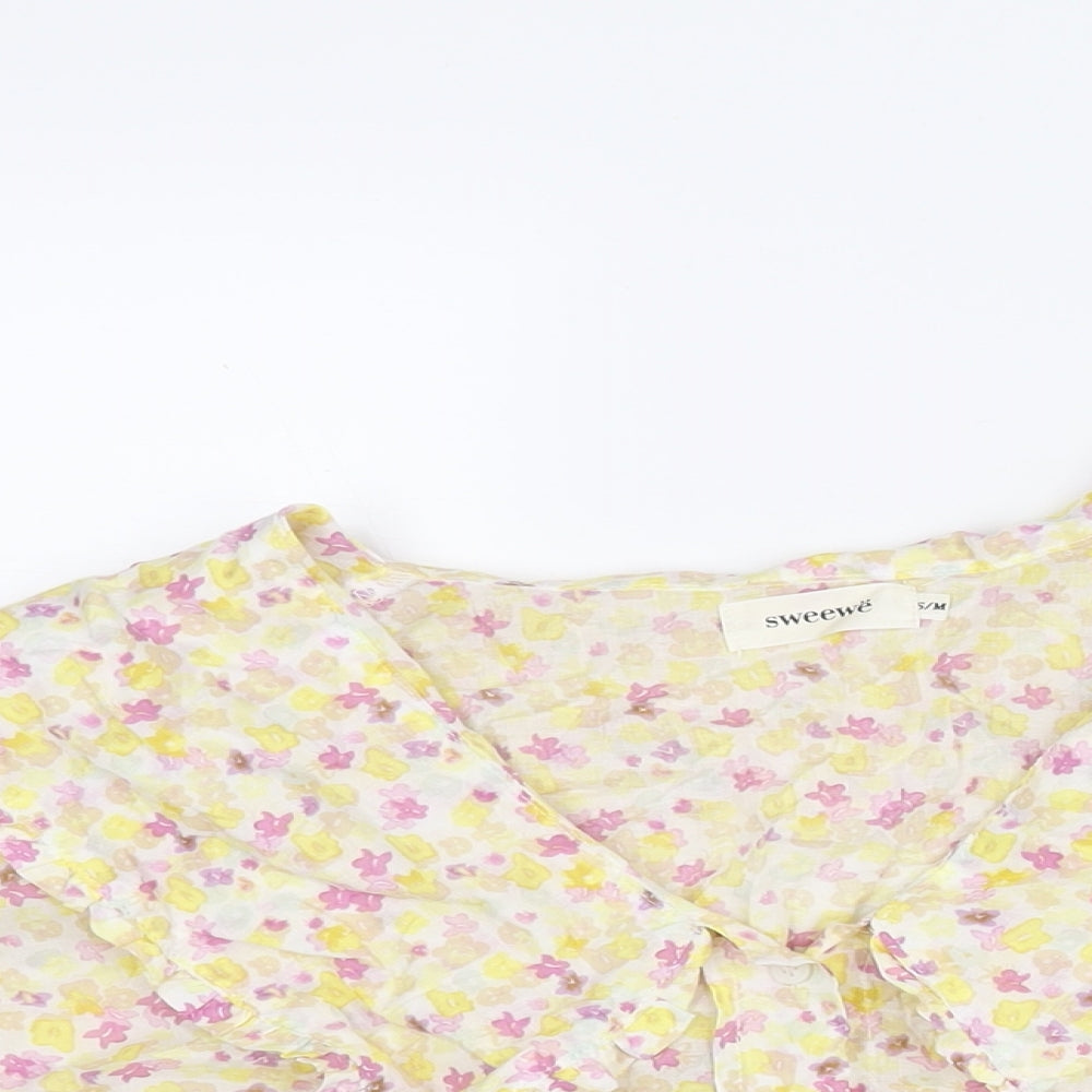 Sweewë Womens Yellow Floral Polyester Basic Blouse Size S Collared - Frill Size S-M