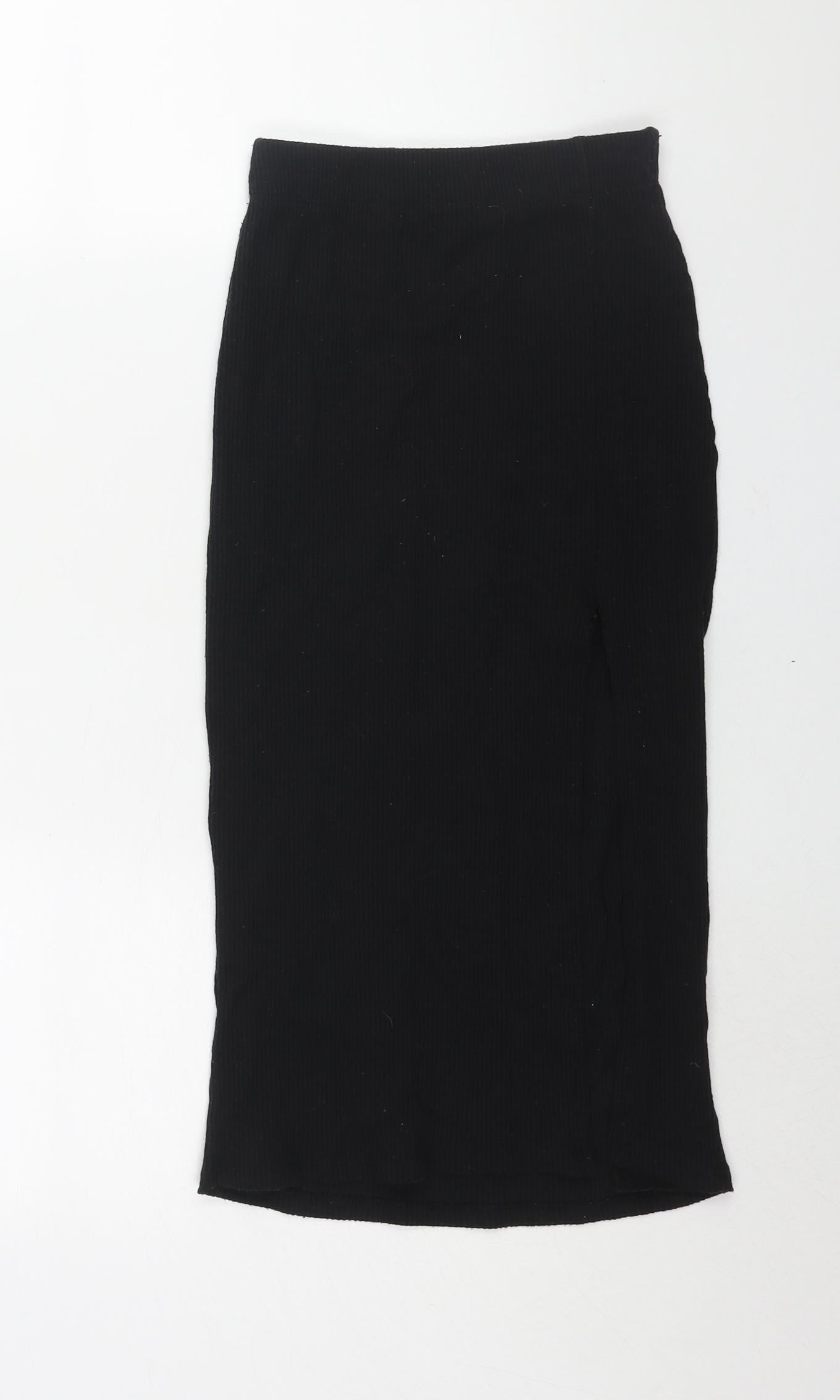 Stradivarius Womens Black Polyester Straight & Pencil Skirt Size XS - Front Slit Ribbed