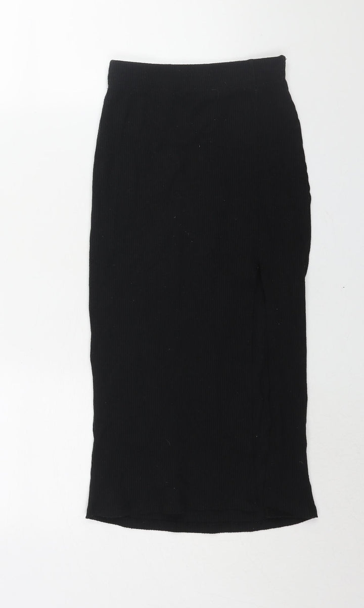 Stradivarius Womens Black Polyester Straight & Pencil Skirt Size XS - Front Slit Ribbed