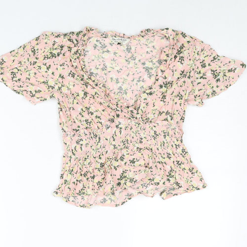 Miss Selfridge Womens Pink Floral Viscose Basic Blouse Size 6 V-Neck - Peplum