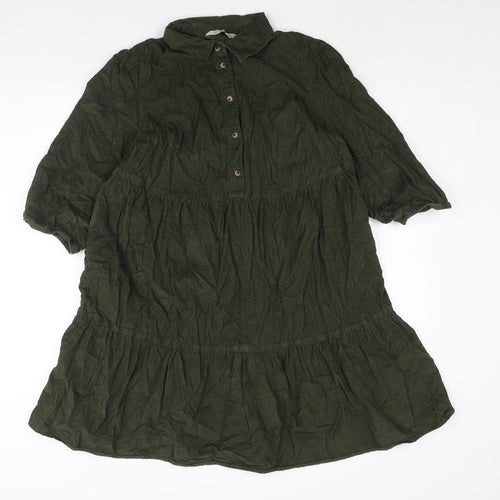 F&F Womens Green Cotton Shirt Dress Size 10 Collared Button - Smocked
