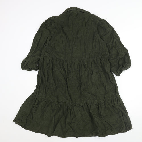 F&F Womens Green Cotton Shirt Dress Size 10 Collared Button - Smocked