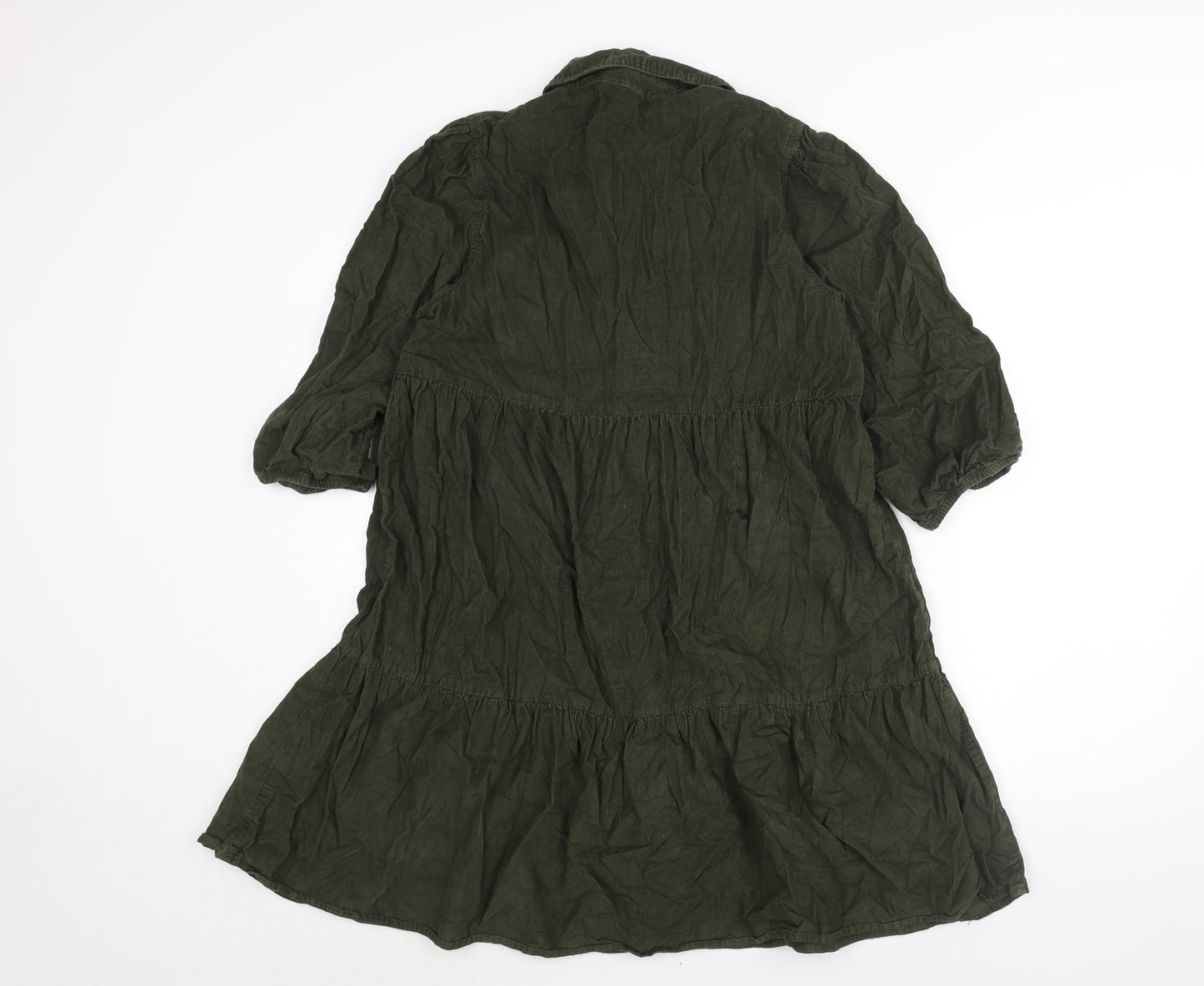 F&F Womens Green Cotton Shirt Dress Size 10 Collared Button - Smocked