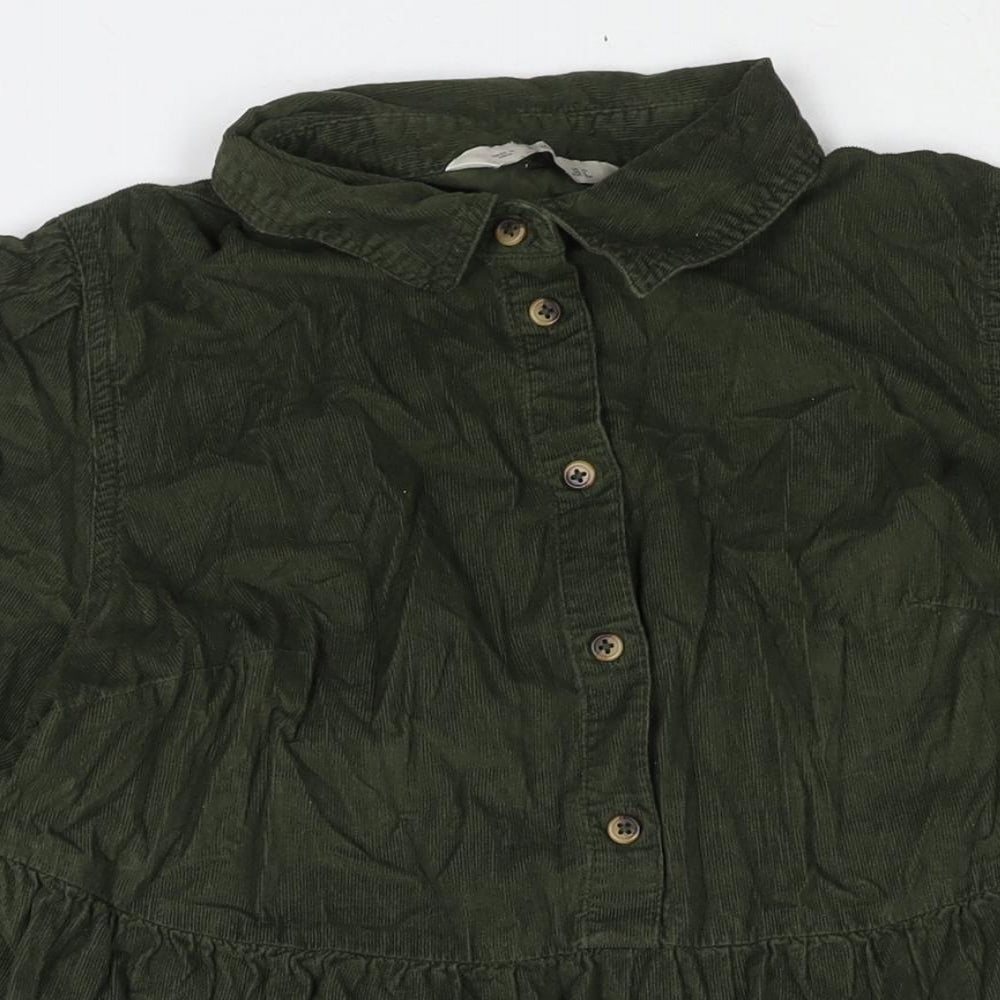 F&F Womens Green Cotton Shirt Dress Size 10 Collared Button - Smocked