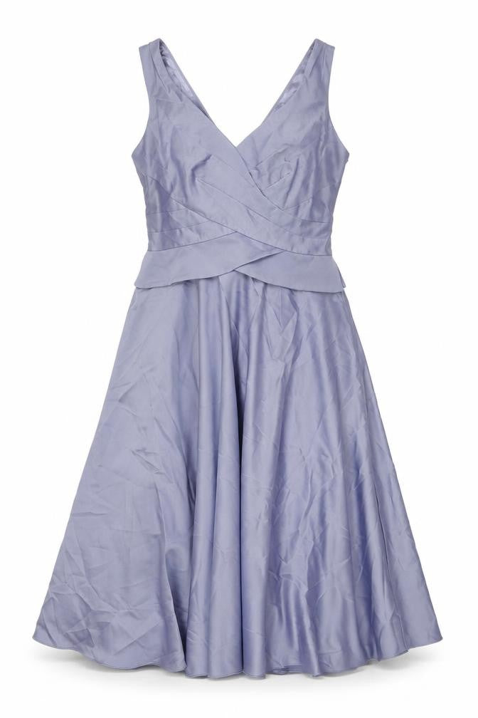 Front view of Monsoon women’s purple polyester fit & flare, size UK 10, v-neck zip - button detail