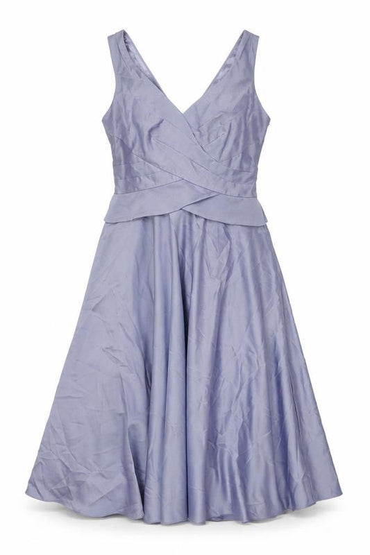 Front view of Monsoon women’s purple polyester fit & flare, size UK 10, v-neck zip - button detail