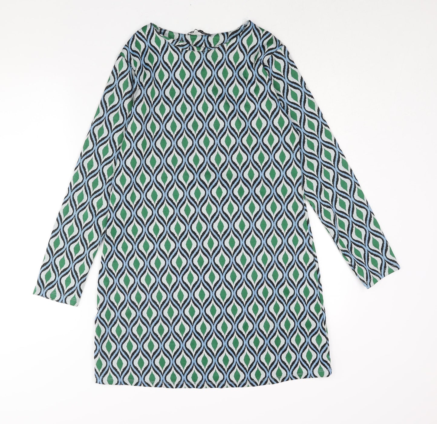 Zara Womens Green Geometric Polyamide Mini Size L Round Neck Pullover