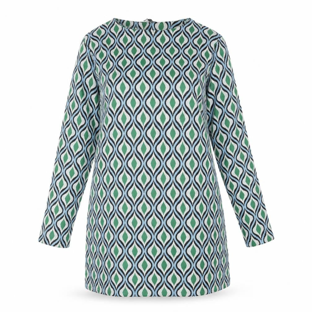 Front view of Zara women’s green geometric polyamide mini, size L, round neck pullover