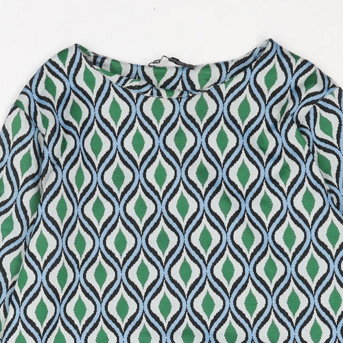 Zara Womens Green Geometric Polyamide Mini Size L Round Neck Pullover