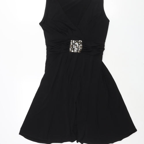 Wallis Womens Black Polyester Fit & Flare Size 14 V-Neck Pullover - Rhinestone Detail