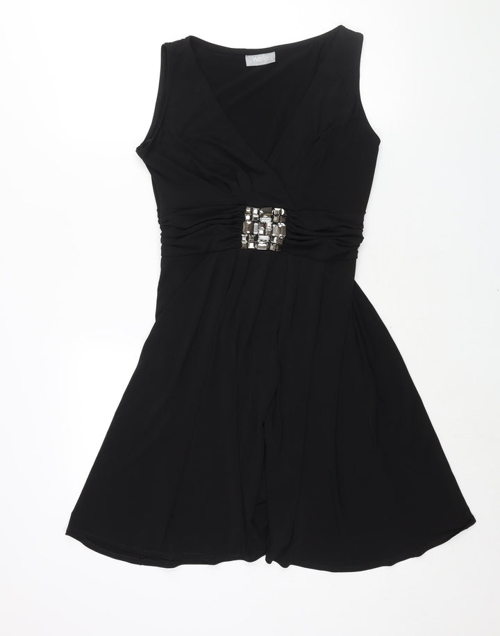 Wallis Womens Black Polyester Fit & Flare Size 14 V-Neck Pullover - Rhinestone Detail