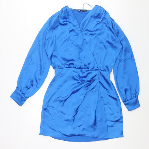 Zara Womens Blue Polyester Shift Size M V-Neck Zip