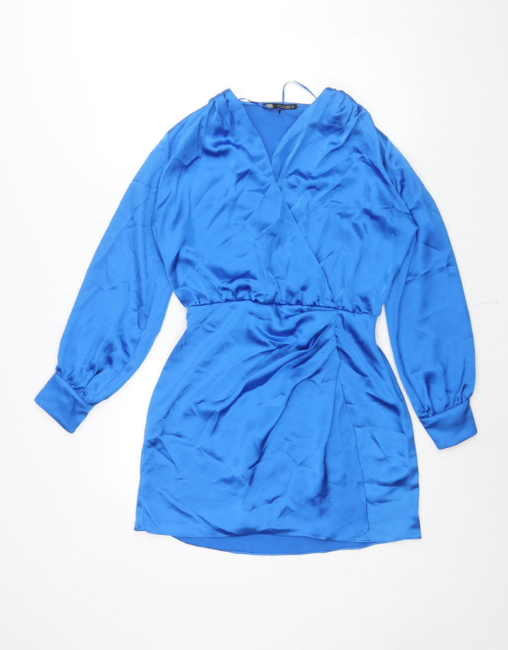 Zara Womens Blue Polyester Shift Size M V-Neck Zip
