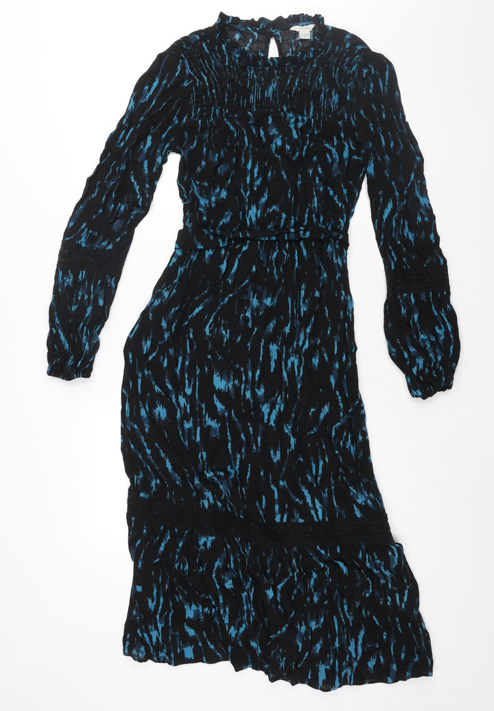 Monsoon Womens Black Geometric Viscose Shift Size 8 Mock Neck Button - Lace Detail