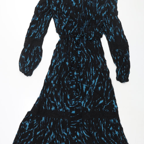 Monsoon Womens Black Geometric Viscose Shift Size 8 Mock Neck Button - Lace Detail