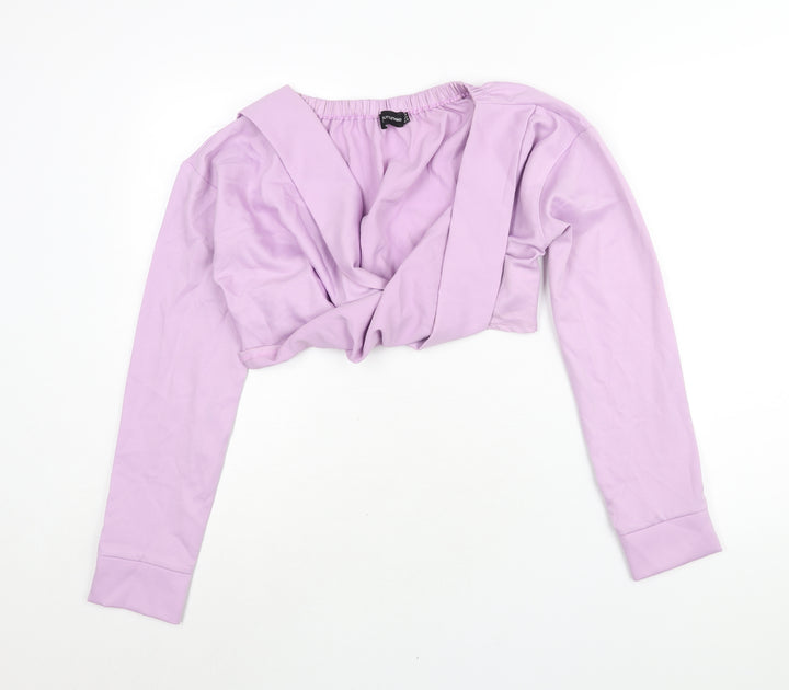 PRETTYLITTLETHING Womens Purple Polyester Cropped Blouse Size 10 V-Neck - Twist Rouched