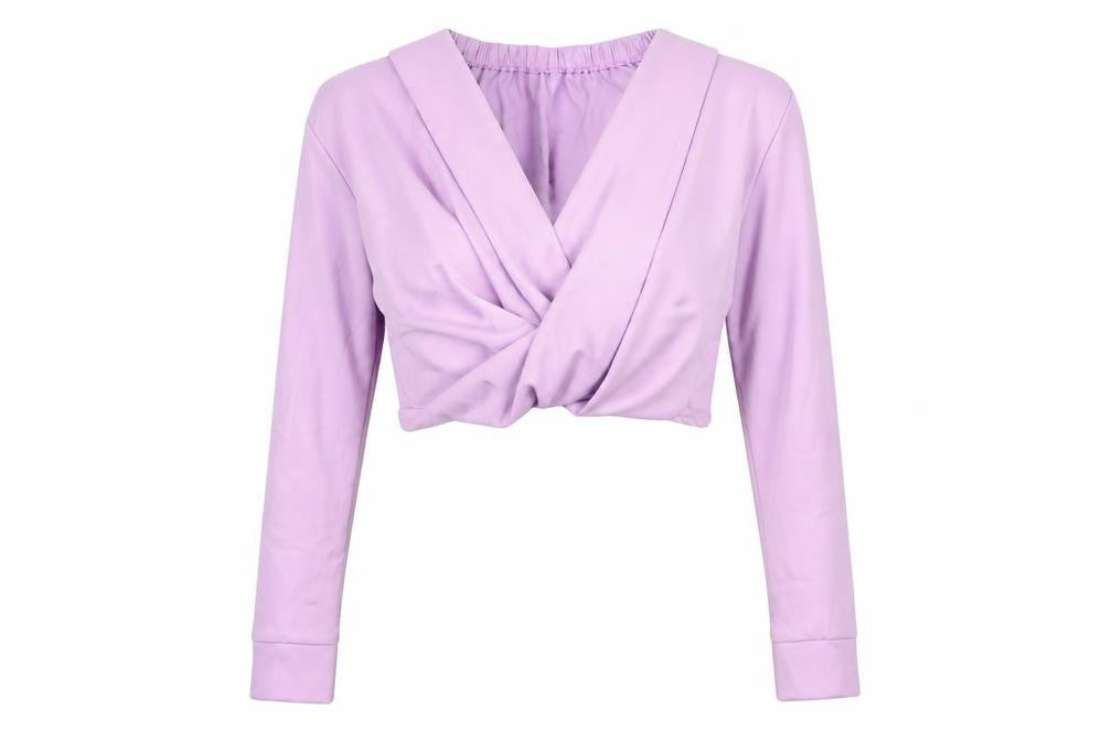 Front view of PRETTYLITTLETHING women’s purple polyester cropped blouse, size UK 10, v-neck - twist rouched
