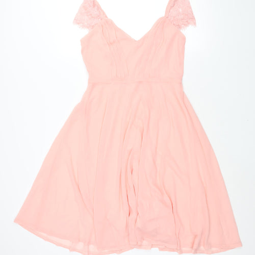 Boohoo Womens Pink Polyester Fit & Flare Size 12 V-Neck Zip - Lace Sleeve