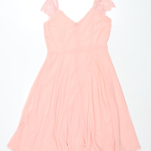 Boohoo Womens Pink Polyester Fit & Flare Size 12 V-Neck Zip - Lace Sleeve