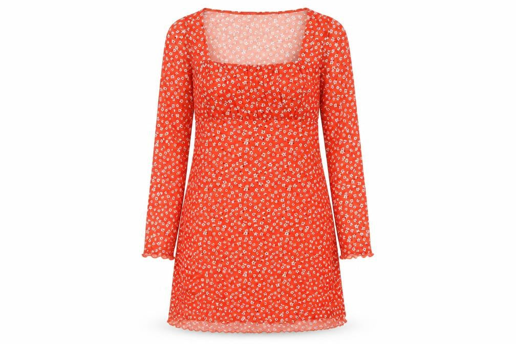Front view of Divided by H&M women’s red floral polyester shift, size M, scoop neck pullover - rouched