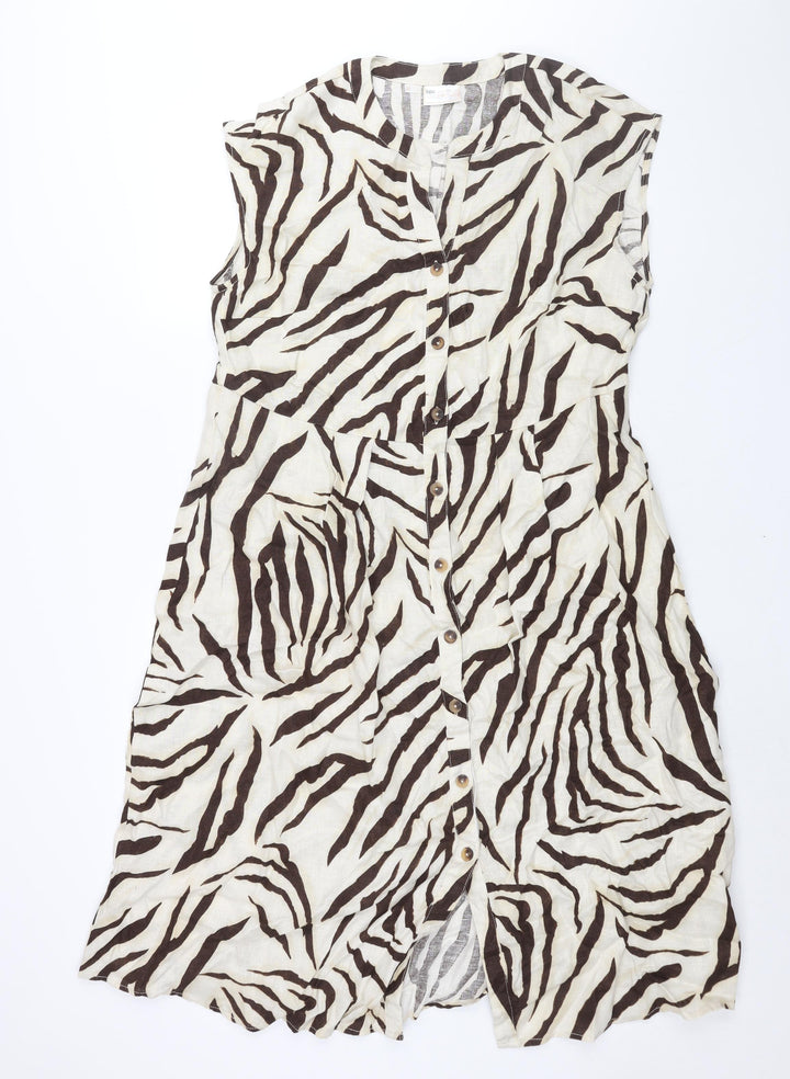 BPC Selection Womens Beige Animal Print Linen Shift Size 20 V-Neck Zip - Tiger Print