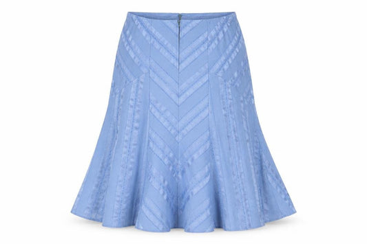 Front view of Joanna Hope women’s blue striped polyester trumpet skirt, size UK 32, in zip