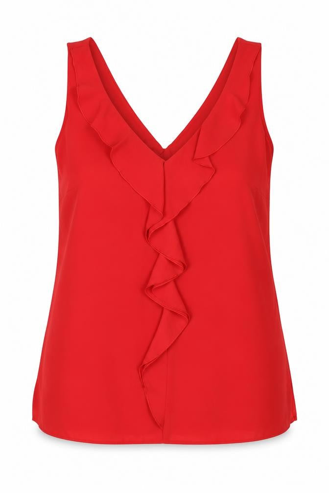 Front view of Wallis women’s red polyester camisole blouse, size UK 8, v-neck - waterfall frill