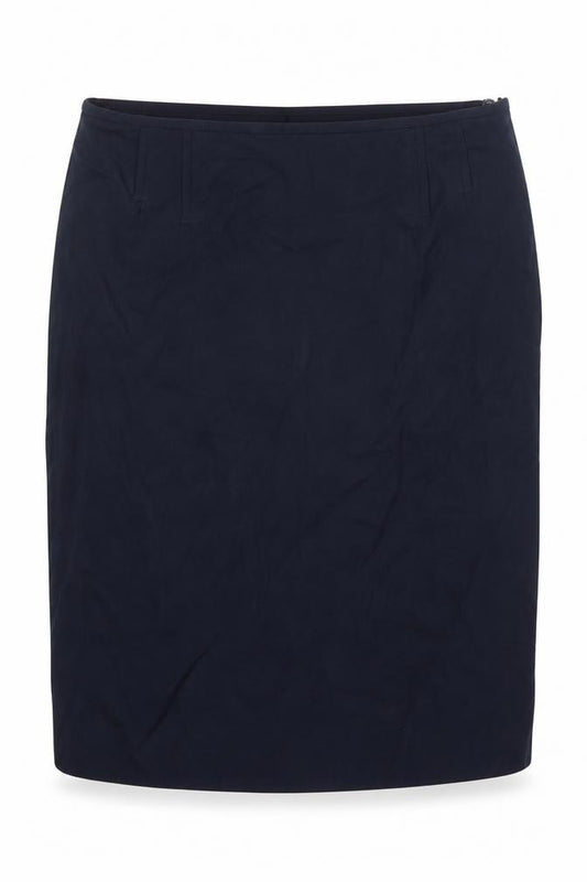 Front view of ESCADA women’s blue wool straight & pencil skirt, size UK 14, zip - pleat detail