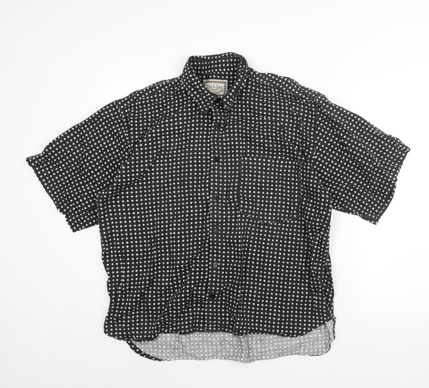 Cut & Dry Mens Black Geometric Cotton Button-Up Size L Collared Button - Vintage