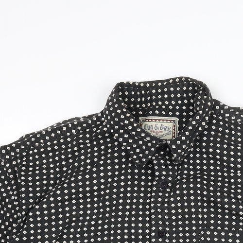 Cut & Dry Mens Black Geometric Cotton Button-Up Size L Collared Button - Vintage