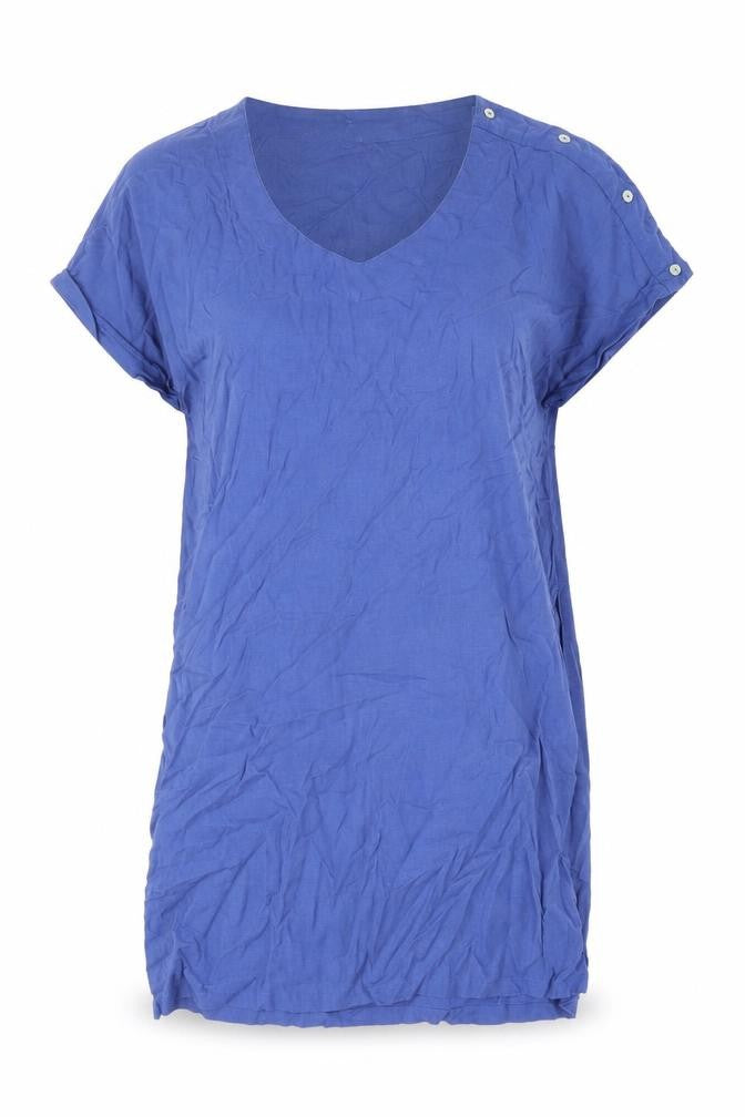 Front view of ESPRIT women’s blue linen shift, size XL, v-neck button