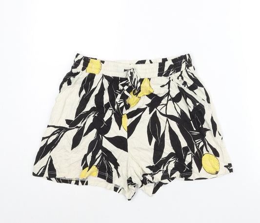 NEXT Womens Multicoloured Geometric Viscose Basic Shorts Size 10 L4 in Regular Drawstring - Lemon Tree Print