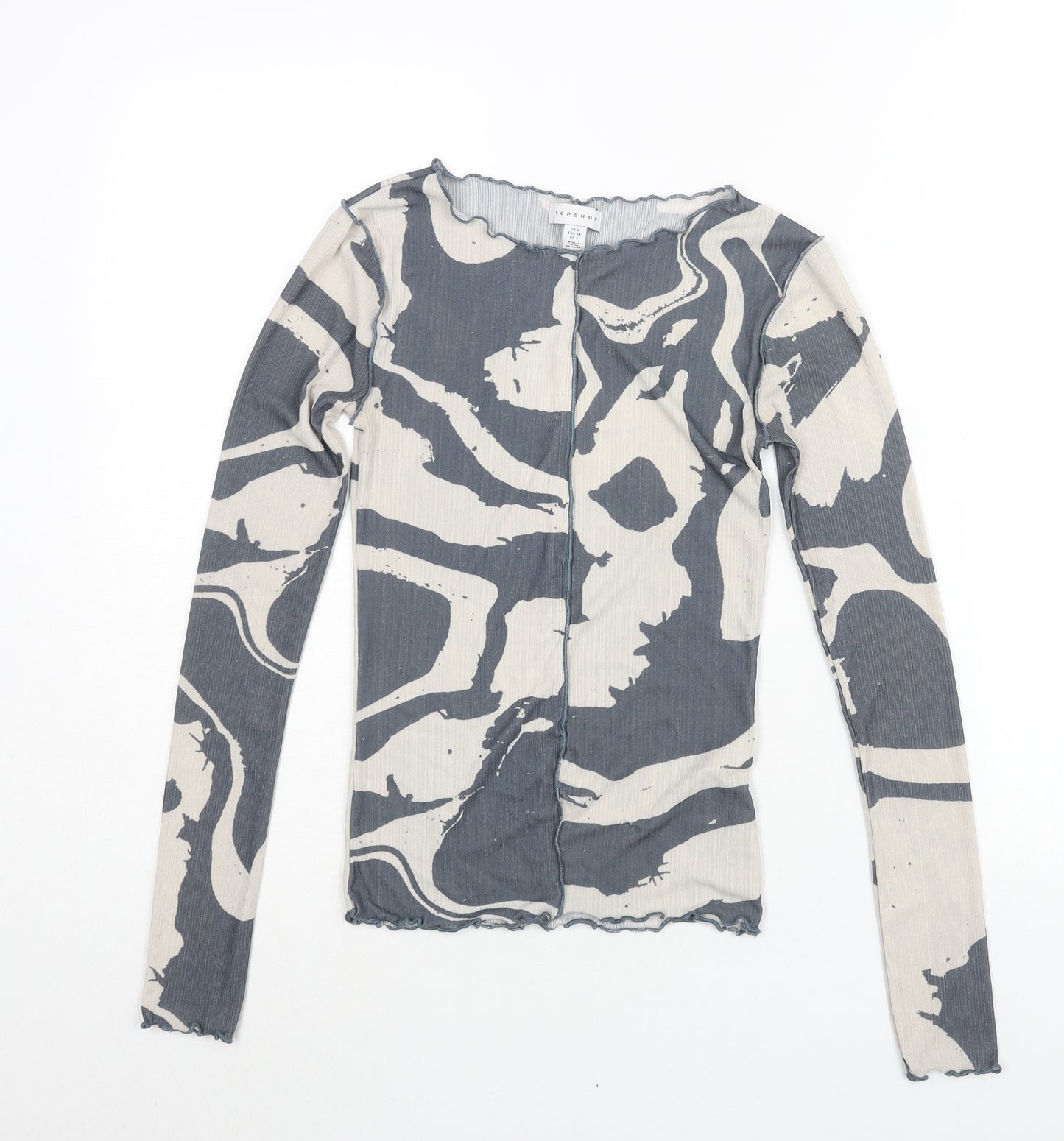 Topshop Womens Grey Geometric Polyester Basic Blouse Size 6 Boat Neck - Exposed Seam Detail