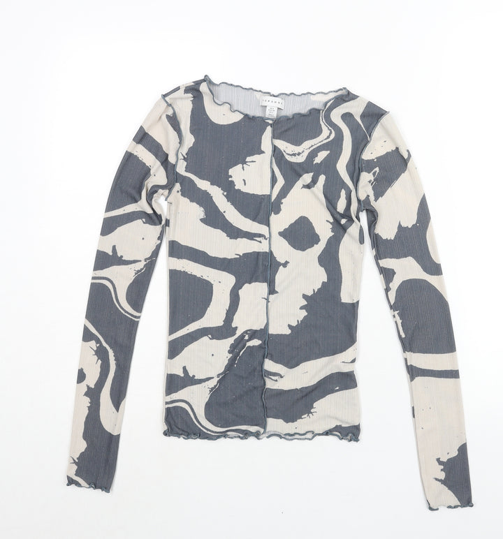 Topshop Womens Grey Geometric Polyester Basic Blouse Size 6 Boat Neck - Exposed Seam Detail