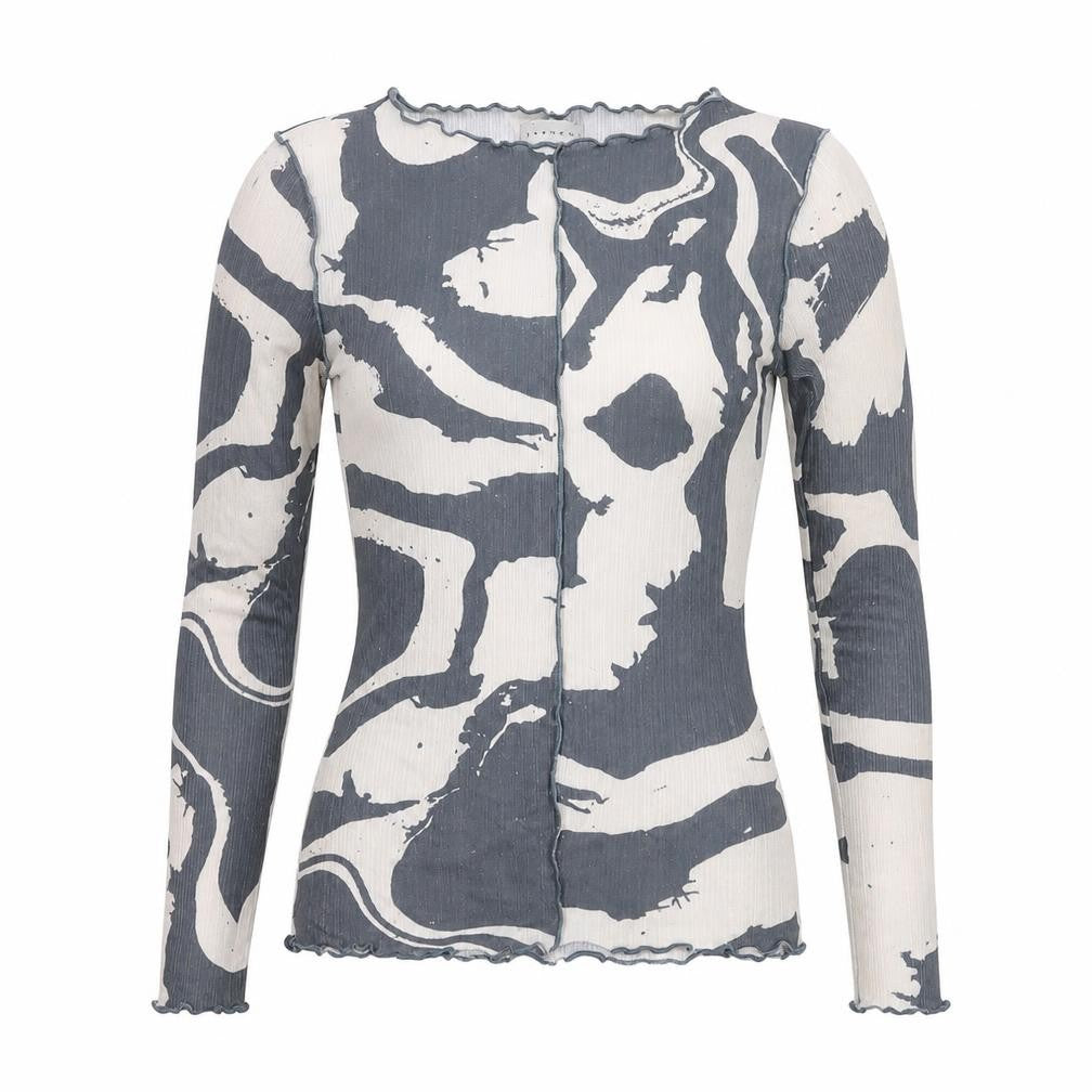 Front view of Topshop women’s grey geometric polyester basic blouse, size UK 6, boat neck - exposed seam detail