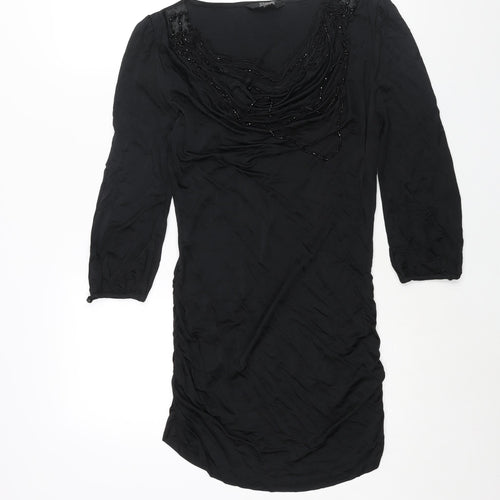 Julien Macdonald Womens Black Polyester Mini Size 12 Scoop Neck Pullover - Rouched Tassle Beading Detail