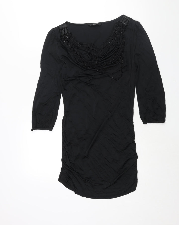 Julien Macdonald Womens Black Polyester Mini Size 12 Scoop Neck Pullover - Rouched Tassle Beading Detail