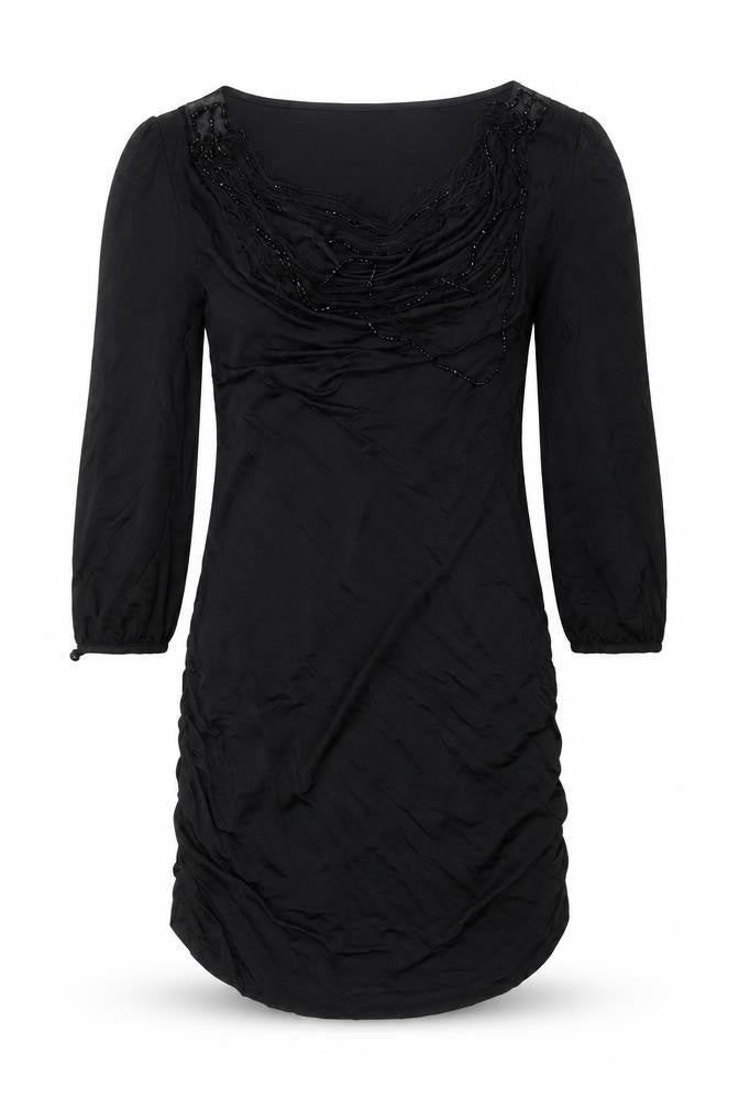Front view of Julien Macdonald women’s black polyester mini, size UK 12, scoop neck pullover - rouched tassle beading detail