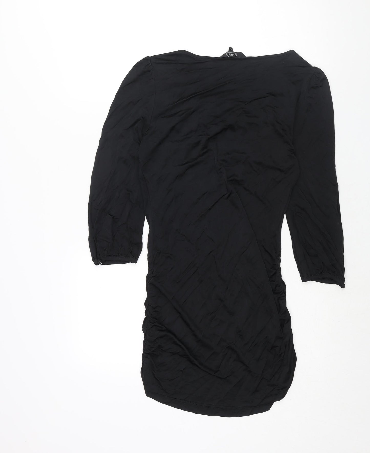 Julien Macdonald Womens Black Polyester Mini Size 12 Scoop Neck Pullover - Rouched Tassle Beading Detail