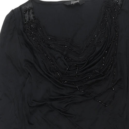 Julien Macdonald Womens Black Polyester Mini Size 12 Scoop Neck Pullover - Rouched Tassle Beading Detail
