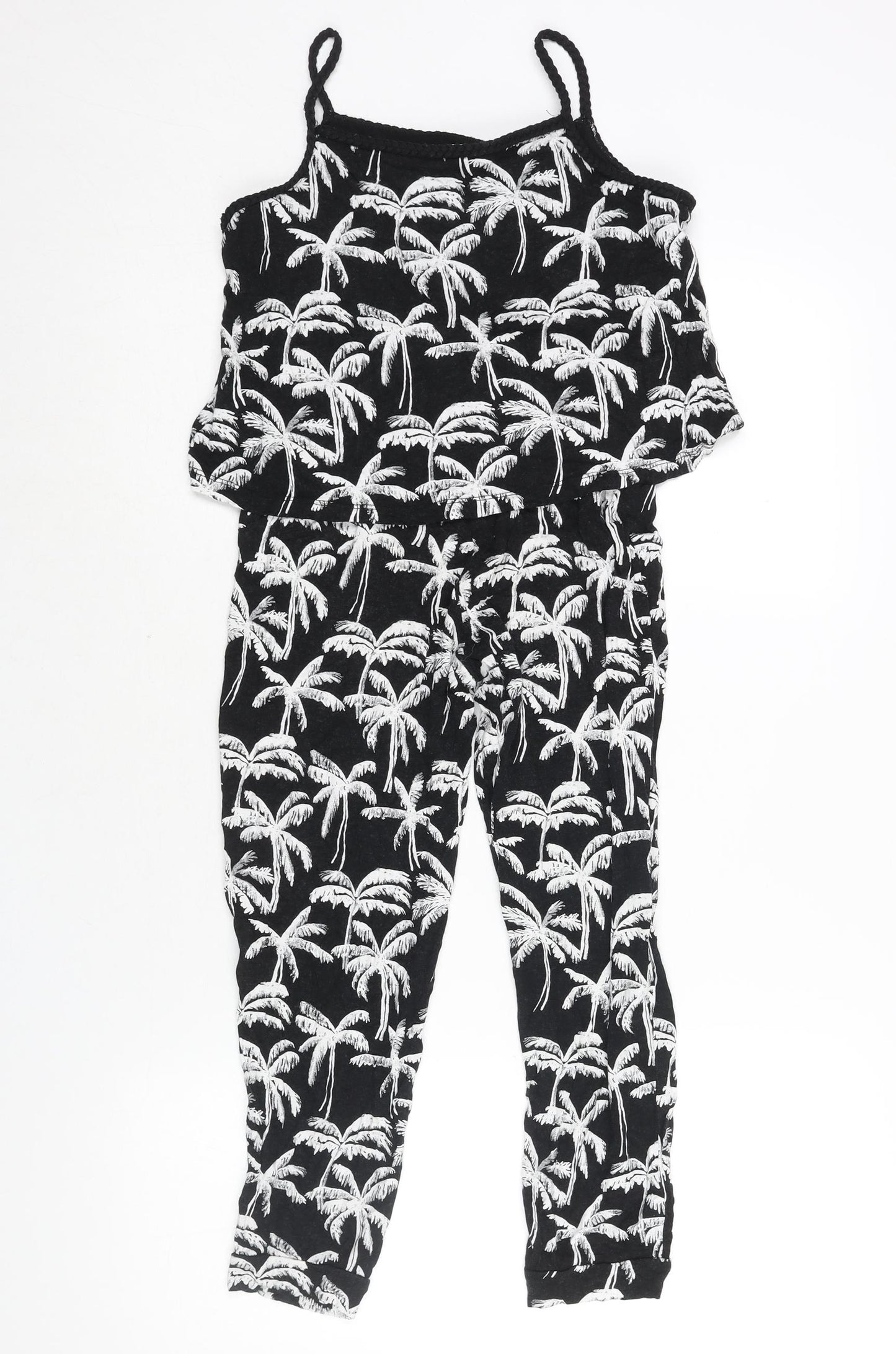H&M Girls Black Geometric Viscose Jumpsuit One-Piece Size 10-11 Years L19 in Pullover - Palm Tree Print