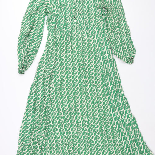 Zara Womens Green Geometric Viscose Shirt Dress Size L Collared Button - Belted
