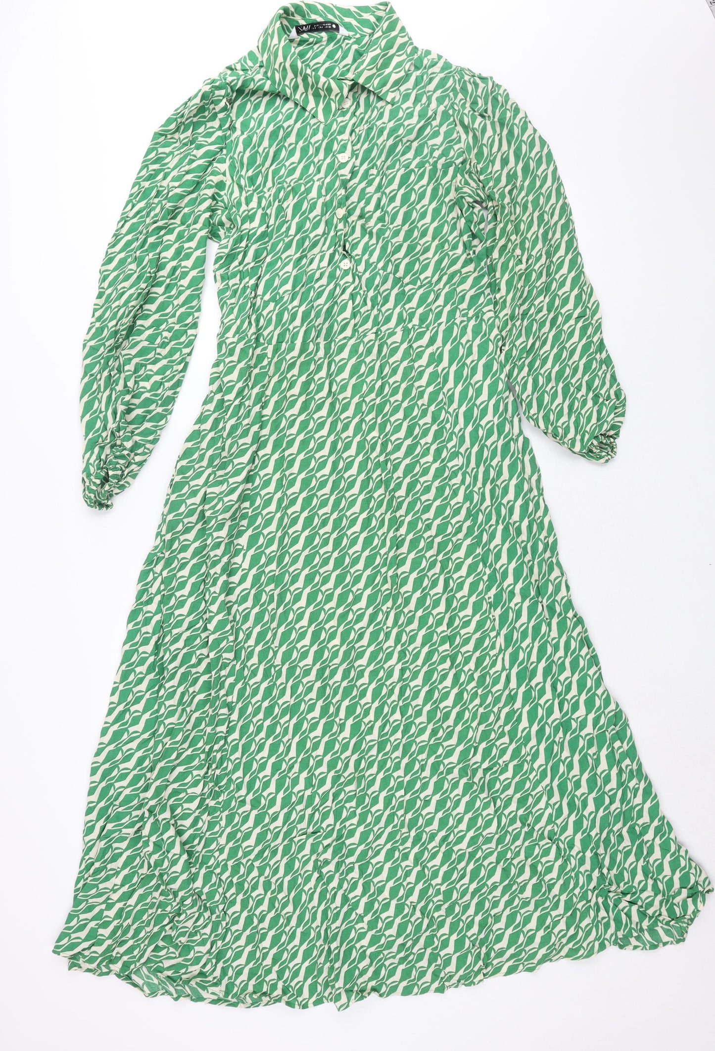 Zara Womens Green Geometric Viscose Shirt Dress Size L Collared Button - Belted