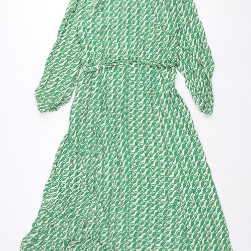 Zara Womens Green Geometric Viscose Shirt Dress Size L Collared Button - Belted
