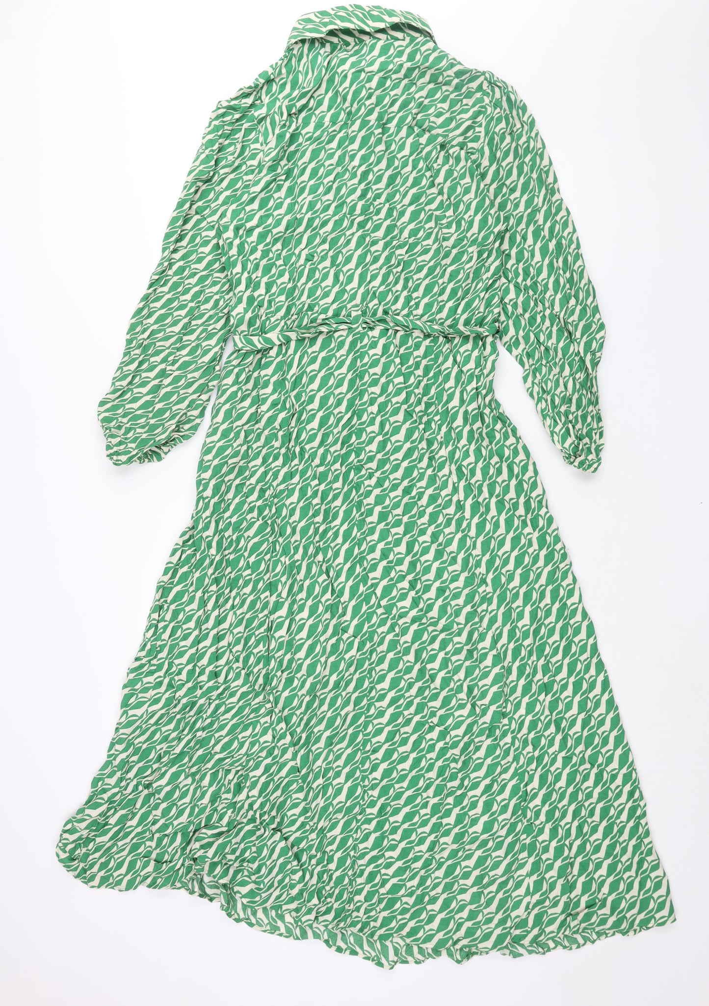 Zara Womens Green Geometric Viscose Shirt Dress Size L Collared Button - Belted