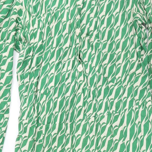 Zara Womens Green Geometric Viscose Shirt Dress Size L Collared Button - Belted