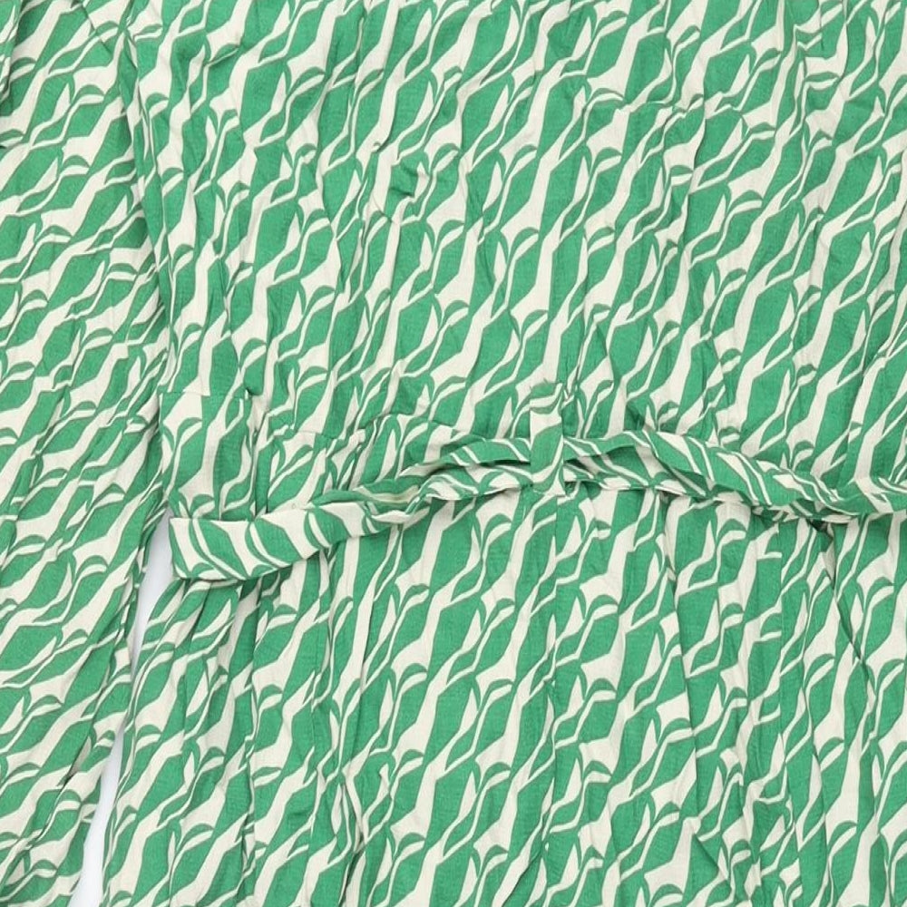 Zara Womens Green Geometric Viscose Shirt Dress Size L Collared Button - Belted
